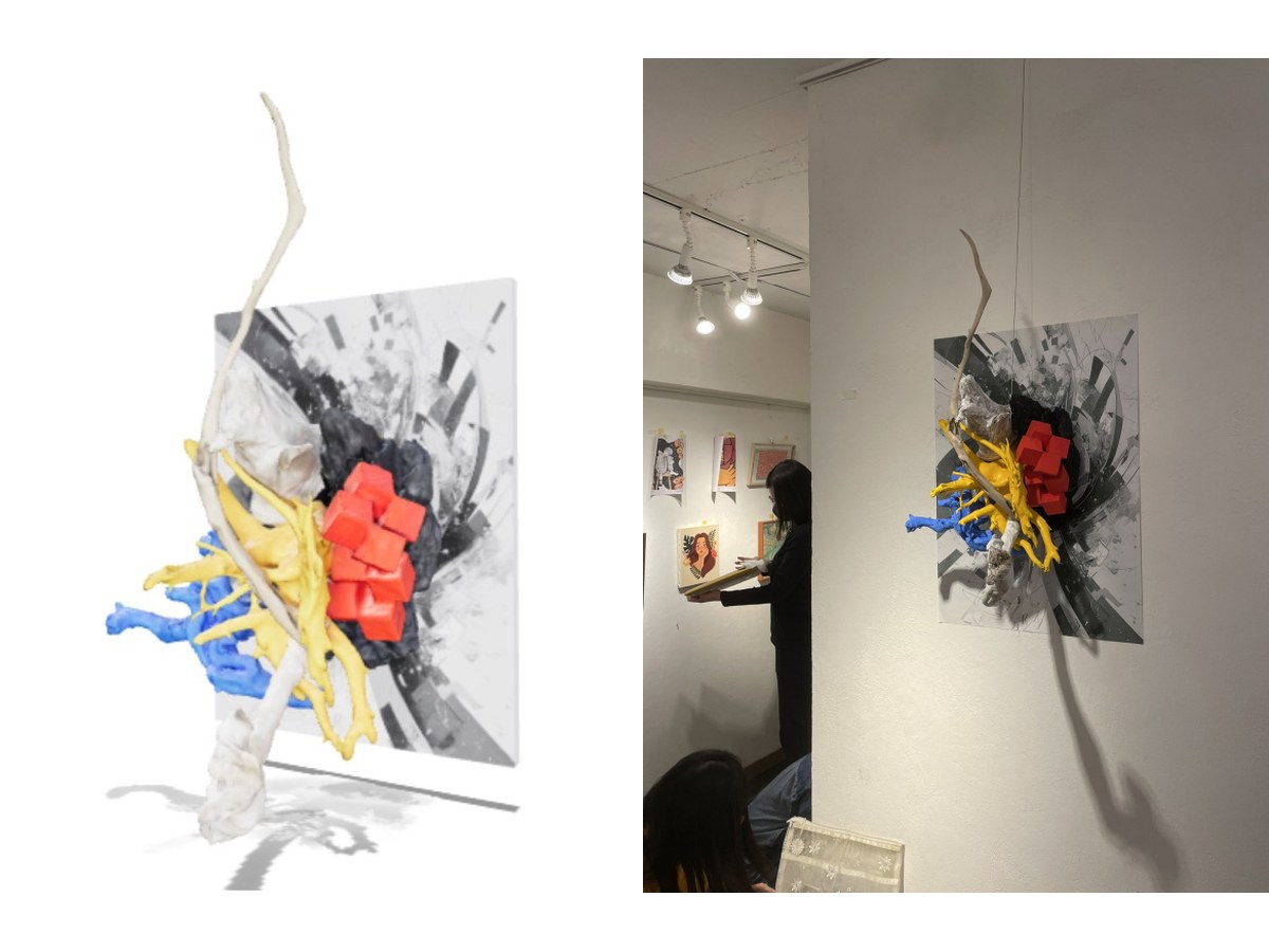 左: 立体作品を3Dオブジェクト化したビジュアル。右: ギャラリーの壁に展示した実物の立体作品