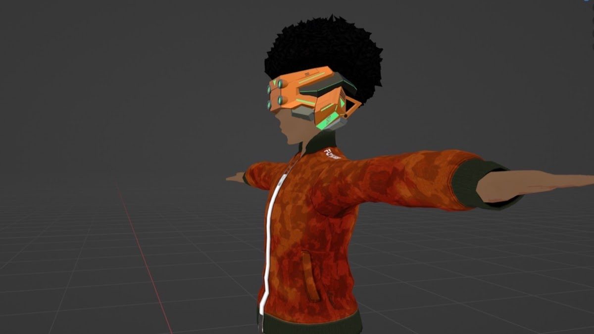 3D制作ツール上のアバターモデル。オレンジ色のジャケットとヘッドギアを着けたキャラクターが、Tポーズで表示されている