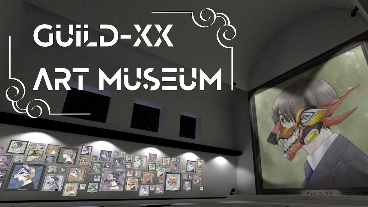 GUILD-XX ART MUSEUM のメタバース空間。壁一面に額装されたキャラクター作品と、大型の作品パネル